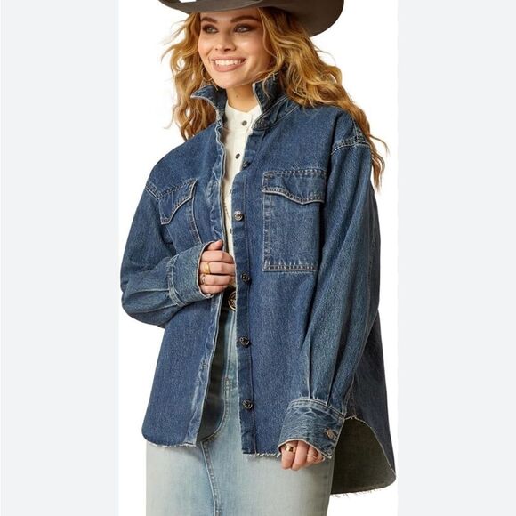ARIAT Denim Button-Up Shirt Jacket with Frayed Hem Size Small - Picture 1 of 10